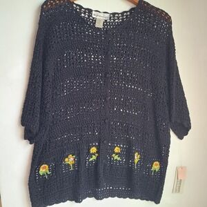 Vintage Y2K Open Crochet Sunflower Women's  20 (XL Black Boho Goth Short Sweater